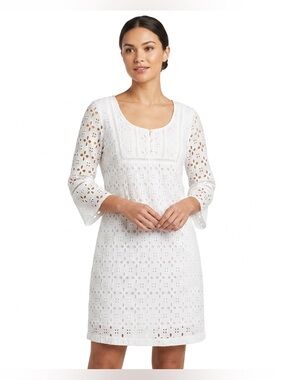 White Eyelet Dress Coverup Eyelet Embroidered Cutout 3/4 Sleeve Boho Shift 6